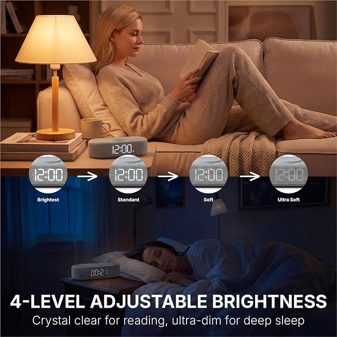 Fabric Digital Alarm Clock for Bedroom, Wireless Charging, Grey - Image 6