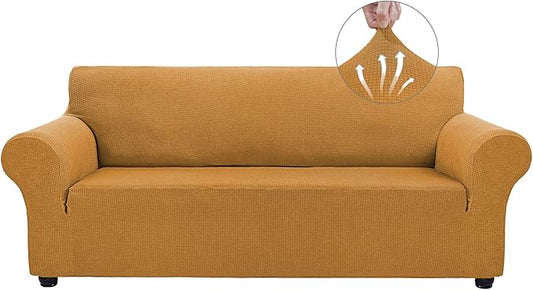 Asnomy Couch Covers for 3 Cushion Couch Stretch Sofa Covers Slipcovers, Pet Protector Furniture Covers for Dogs Cats Spandex Jacquard Fabric Small Checks （Large， Golden）