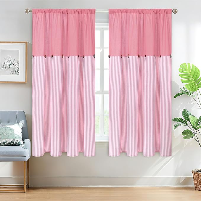 ASPMIZ Farmhouse Living Room Curtains Boho, Country Linen Curtains with Rustic Buttons, Rod Pocket & Back Tab Pink Striped Curtain for Girls Bedroom Window Curtain Home Decor, 52 x 63 Inch, 2 Panels