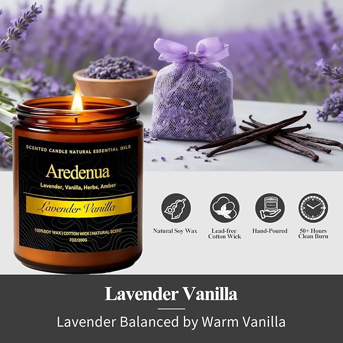 Lavender Vanilla Soy Candle for Relaxation & Sleep, Calming Scented Candle for Stress Relief, Bedroom & Self Care Gift - 7oz Hand Poured Candles Long Lasting Scent for Home, Bedroom, Spa