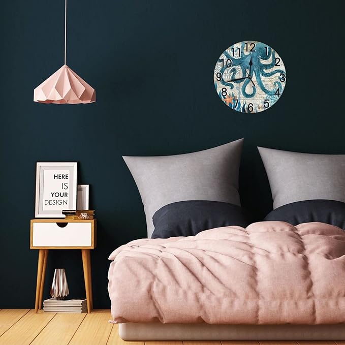 Blue Octopus Nautical Map Wall Clock Battery Operated Silent Round Clock Wall Decor for Home Office School, 12 Inch