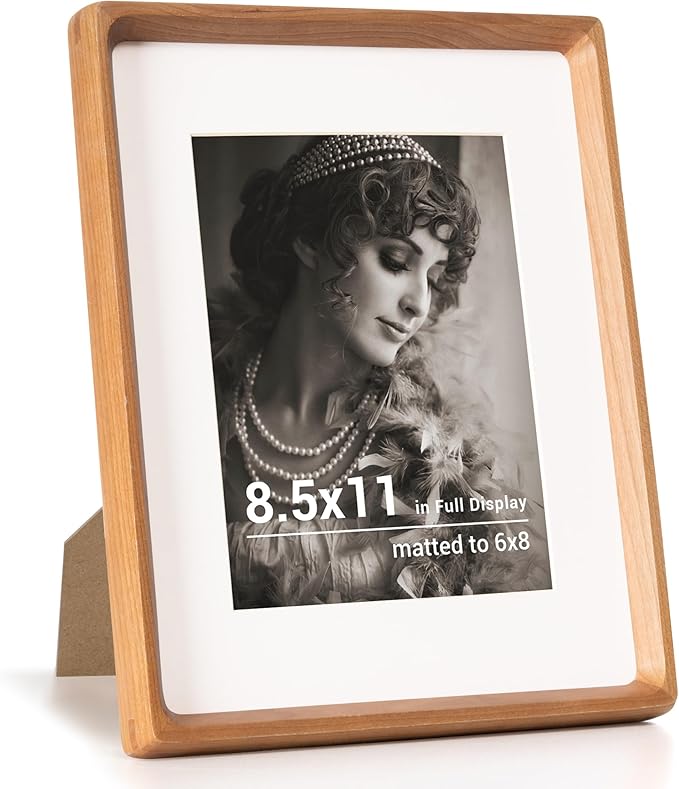 8.5 by 11 Picture Frame, USA-Sourced Cherry Wood Photo Frames with HD Tempered Glass, Handcrafted Rounded Corner 8.5 x 11 Wooden Frames Matted to 6x8 Photos, 8.5x11 Frame, Tabletop or Wall Display