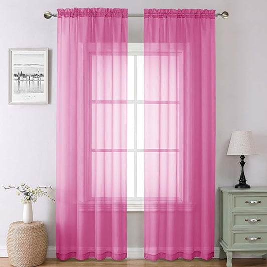 Lecloud Hot Pink Sheer Curtains 90 Inches Long 2 Panels, Solid Voile Privacy Window Treatment Aesthetic Living Room Curtains, Rod Pockets Soft Airy Drapes for Girls Bedroom, Each Panel 42" W x 90" L