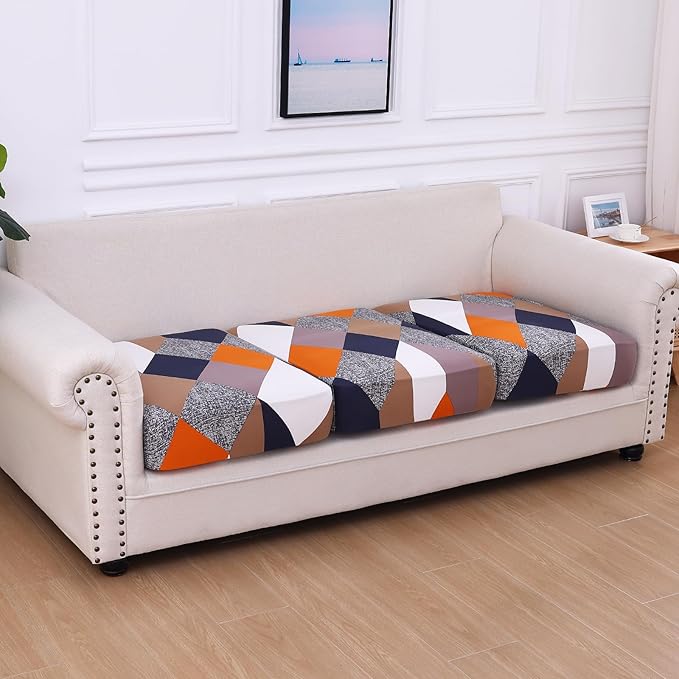 hyha Printed Couch Cushion Covers, Floral Sofa Covers Washable for 3 Cushion Couch, Stretch Pattern Outdoor Cushion Covers for Patio Furniture with Elastic Bottom(3 Packs, Colored Blocks)