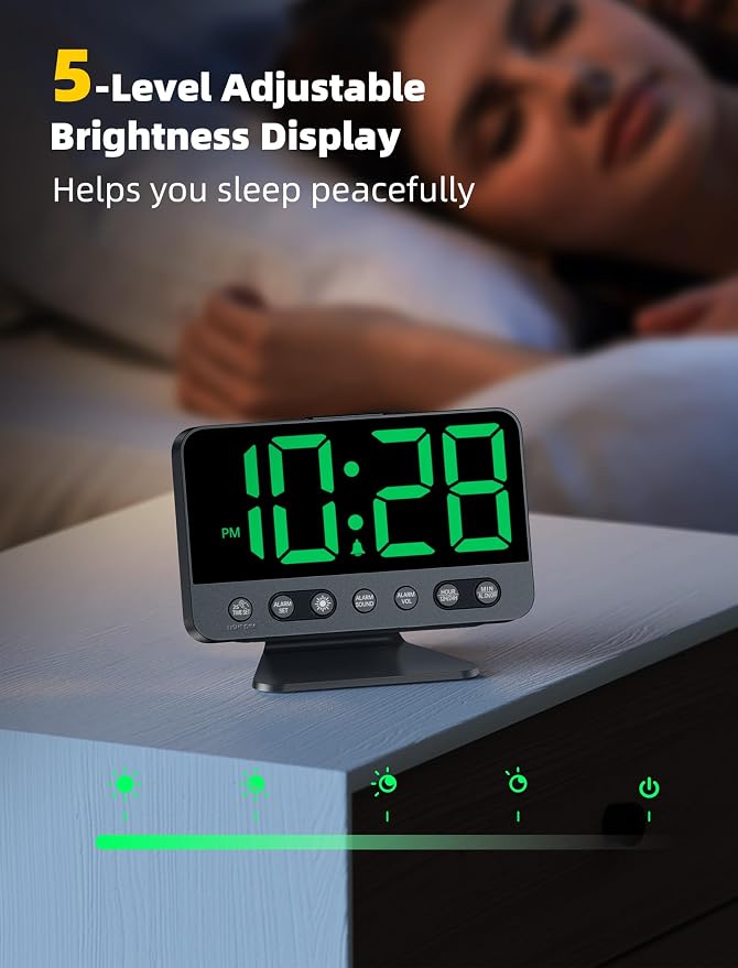 Odokee Digital Alarm Clocks for Bedrooms with Large Bold Number | Electric Desk Clock with Night Light & Brightness Dimmer - Loud Alarm for Heavy Sleepers with Adjustable Volume - Green - Image 4