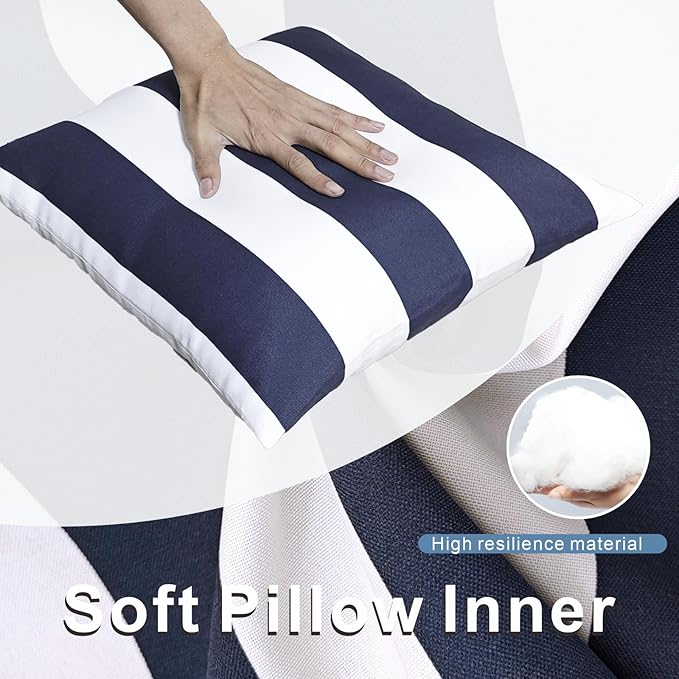 JMGBird Pack of 2 Decorative Pillows with Inserts - 18x18 Water-Resistant Navy Blue with White Stripe Outdoor Throw Pillows for Patio Furniture, Couch, Bed