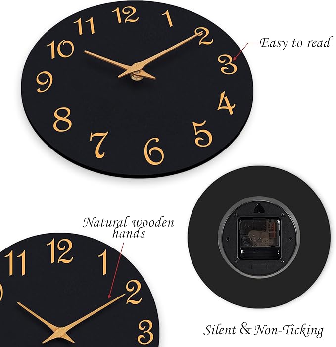 Wall Clock 12 Inch, Modern Wall Clocks Battery Operated, Silent Non Ticking Clock Decorative for Living Room, Office, Bedroom, Home, School (Black Gold)
