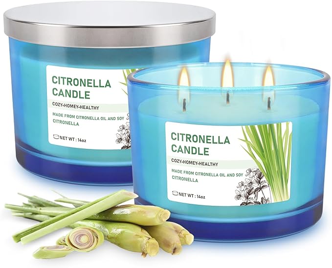 2x14oz Large 3-Wick Outdoor Indoor Citronella Candles, Long Lasting to 30 Hours, Scented Natural Soy Candle