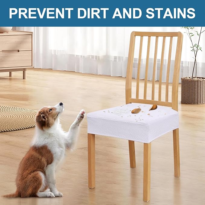 Smiry Waterproof Seat Covers for Dining Room Chairs Set of 2, Stretch Jacquard Removable Washable Chair Seat Slipcovers Protector, No Rear Covers, White