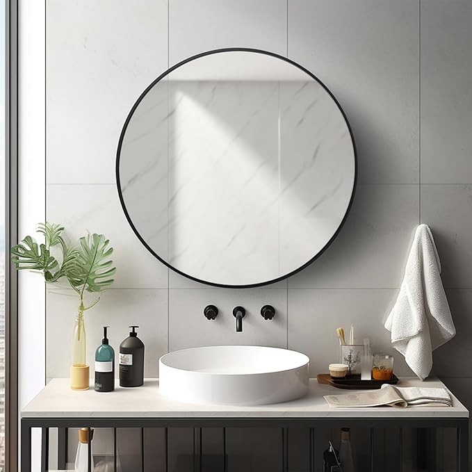 Sunniry Round Mirror 22 inch, Black Circle Mirror, Round Wall Mirrors Metal Frame, Circle Mirrors for Living Room, Bathroom, Wall, Entryway, Rustic.