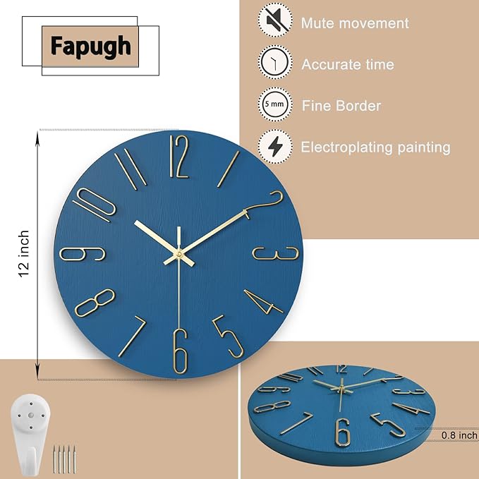 wall Clock, Silent Clock, wall Clocks Battery Operated??? 12 inch Modern wall Clock, Suitable for Offices, Living Rooms, Kitchens, Homes, Schools (Blue)