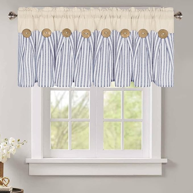 ASPMIZ Cotton Linen Kitchen Valance Curtains, Boho Rustic Button Valances for Windows Farmhouse Style, Blue Stripe Window Valances for Bathroom Cafe, Tie Up Valance for Kitchen Windows, 52 x 18 Inch