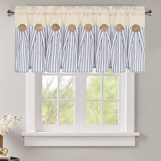 ASPMIZ Cotton Linen Kitchen Valance Curtains, Boho Rustic Button Valances for Windows Farmhouse Style, Blue Stripe Window Valances for Bathroom Cafe, Tie Up Valance for Kitchen Windows, 52 x 18 Inch