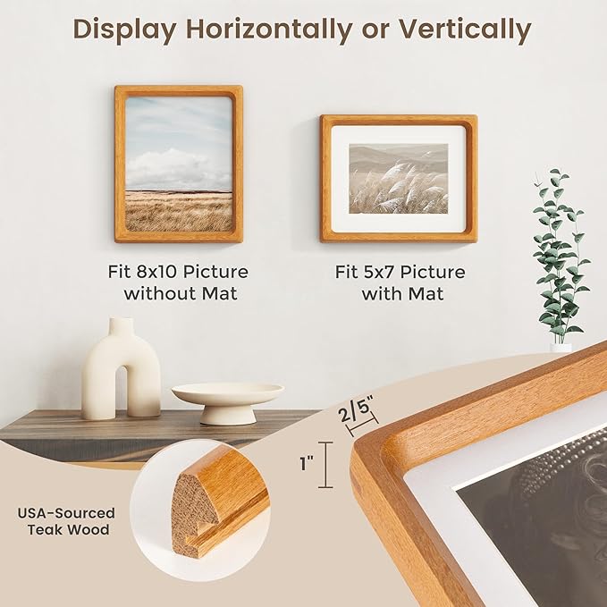 8x10 Picture Frame Set of 2, USA-Sourced Teak Wood Photo Frame with HD Tempered Glass, Handcrafted Rounded Corner 8 x 10 Wooden Frames Matted to 5x7 Photos, 8x10 Frames, Tabletop or Wall Display
