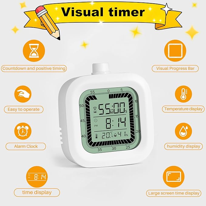 Visual Timer, 60 Minutes Countdown & Countup Timer, Digital Alarm Clock with Temperature and Humidity Monitor, 4 in 1 Multifunctional Desk Clock for Kids Study, Kitchen, Office and Home,Blue - Image 5