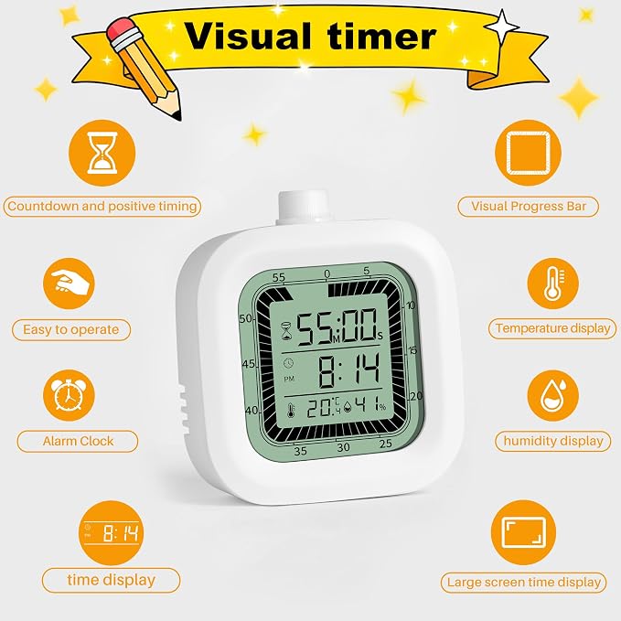 4 in 1 Visual Digital Timer Without Backlight, Easy Set Alarm Clock Humidity Temperature Monitor, Magnetic Wall Mount Kitchen Study Timer for Classroom Office Bedroom White - Image 4