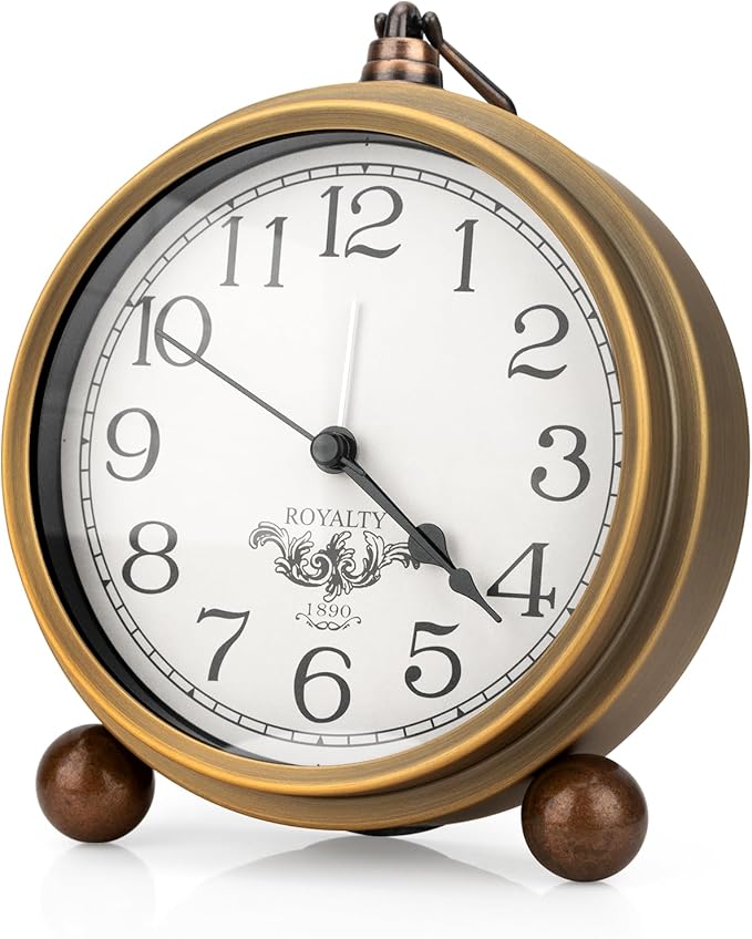 Maxspace Metal Golden Table Clock, Retro Vintage Non-Ticking Small Alarm Clock,Battery Operated Silent Quartz Movement HD Glass Desk Clock for Bedroom Living Room Indoor Decoration Kids?€? (Arabic2)
