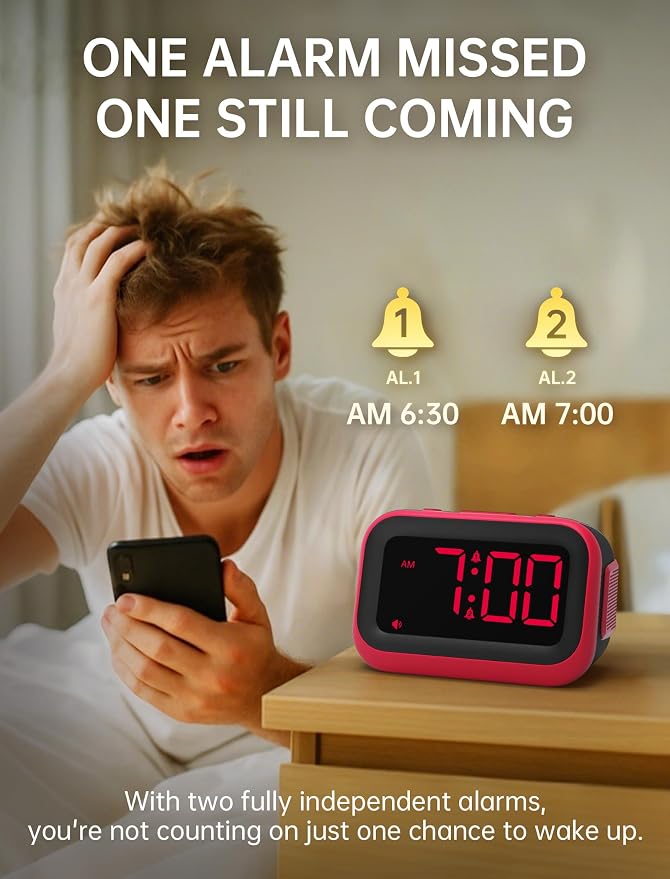 Acedeck Super Loud Alarm Clock: 115dB Wake-Up Power | Dual Alarms and 6 Alarm Sounds for Heavy Sleepers Adults and Shift Workers - Bedroom and Daily Wake-Up Use (Red Digits) - Image 3