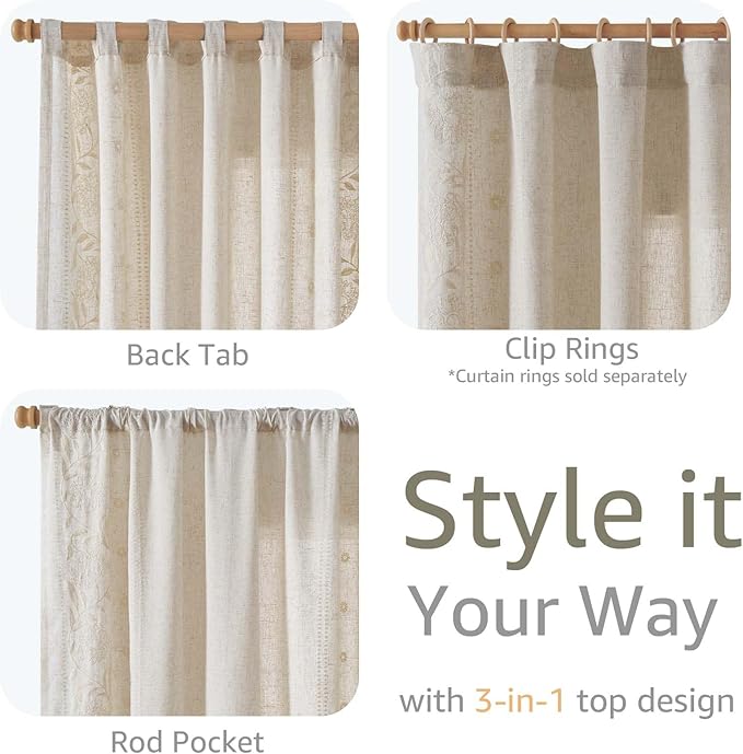 jinchan Winslow Linen Curtains for Bedroom 90 Inches Length Embroidered Bordered Floral Curtains for Living Room Farmhouse Decor Light Filtering Window Treatments Ivory on Beige Drapes 2 Panels