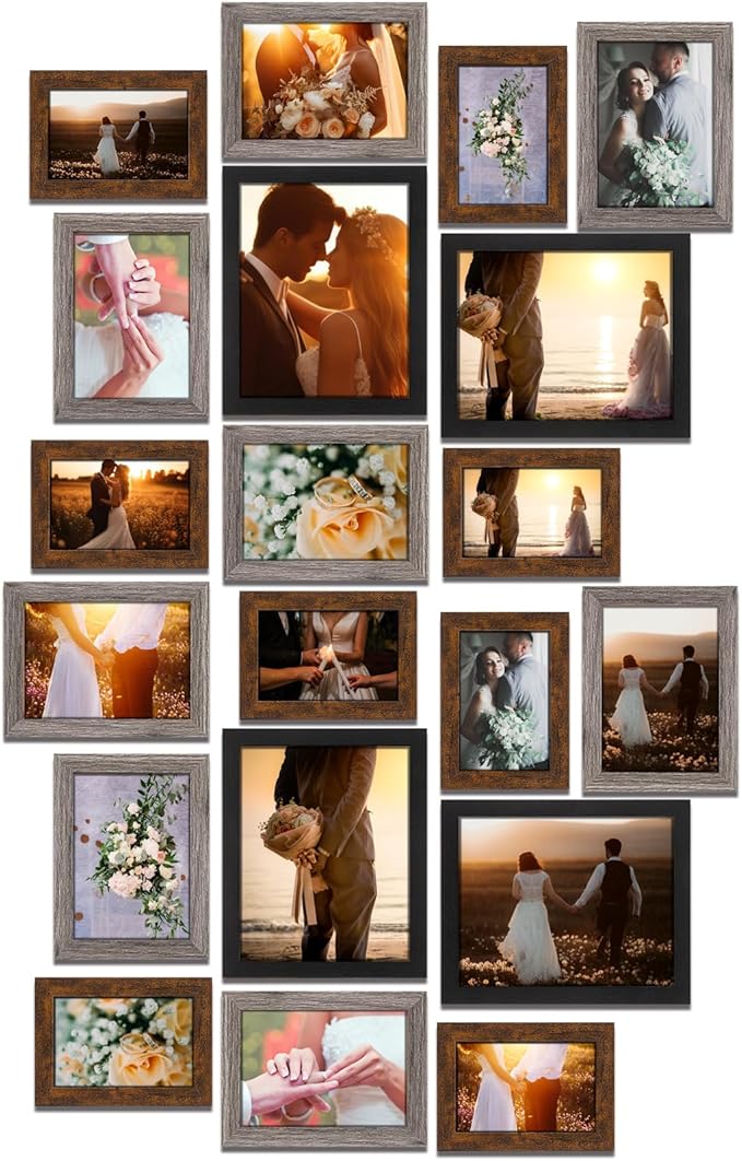 Namalu 20 Pcs Gallery Wall Frames Set Rustic Picture Frames Collage Assorted Photo Wall Decor Pack for Hanging or Tabletop Display Multi Sizes with 8 x 10, 5 x 7, 4 x 6 (Stylish Color)