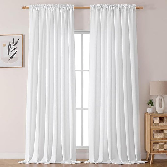 Chyhomenyc White Curtains 108 Inch Length 2 Panels Set, Faux Linen Textured Light Filtering Soft Airy Farmhouse Curtain Drapes Ceiling to Floor for Large Window, 50Wx108L