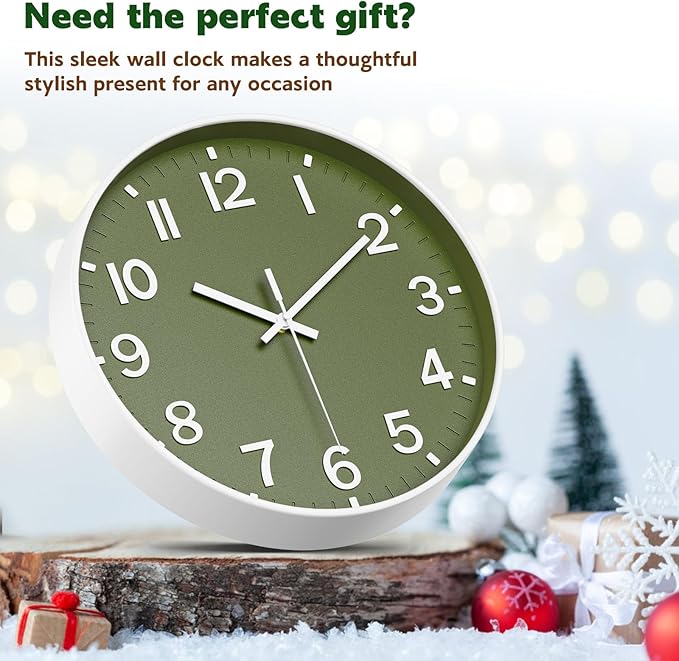 Silent Wall Clock Non-Ticking Battery Operated ?€? Modern Olive Green Analog Wall Clock for Living Room, Kitchen, Office, Bedroom ?€? Stylish Home Wall Decor Clock, 12 Inch