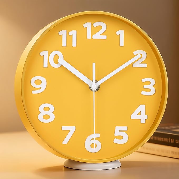 45MinST 8-Inch Yellow Modern Wall Clock ?€? Silent Non-Ticking, 3D Large Numbers, Accurate Timekeeping | Decorative Wall & Desk Clock with Stand for Living Room, Bedroom, Kitchen, or Office