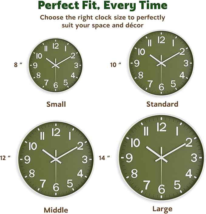 Silent Wall Clock Non-Ticking Battery Operated ?€? Modern Olive Green Analog Wall Clock for Living Room, Kitchen, Office, Bedroom ?€? Stylish Home Wall Decor Clock, 10 Inch