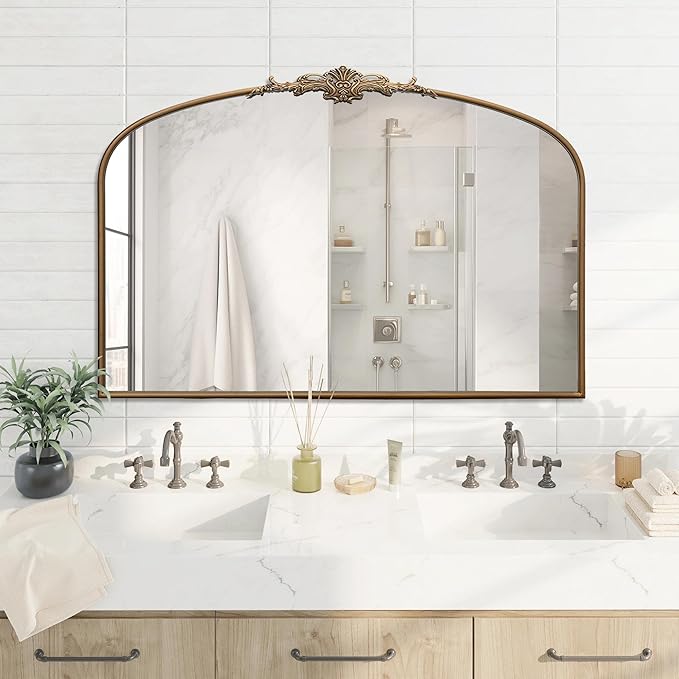Besdomus Vintage Arched Gold Mirror: 48"x33" French Oversize Gold Antique Wall Mounted Mirror - Baroque Traditional Ornate for Entryway/Fireplace/Bathroom/Hallway - Home Decor for Fashion-Conscious