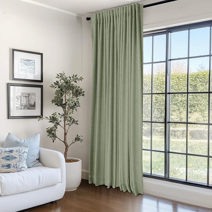 100% Blackout Shield Linen Blackout Curtains for Bedroom 90 Inches Long, Back Tab/Rod Pocket Living Room Drapes, Thermal Insulated Blackout Curtains 1 Panel Set, 100" W x 90" L, Sage