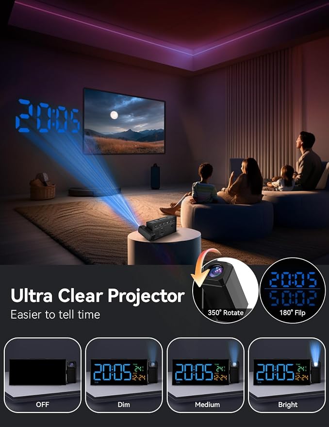 Netzu Projection Clock for Bedroom Ceiling, Digital Clocks with 180° Rotatable Projector, Date Temperature and Weekday Blue - Image 2