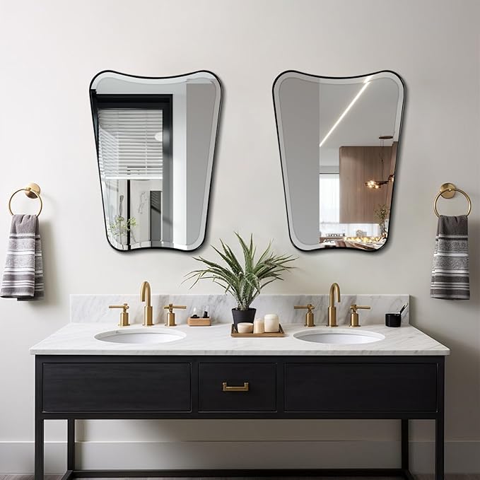 POZINO Irregular Beveled Mirror, 22"x30" Matte Black Bathroom Vanity Mirror for Over Sink, Modern Aesthetic Butterfly Shape Decorative Mirrors for Bedroom Living Room Entryway Hallway Fireplace