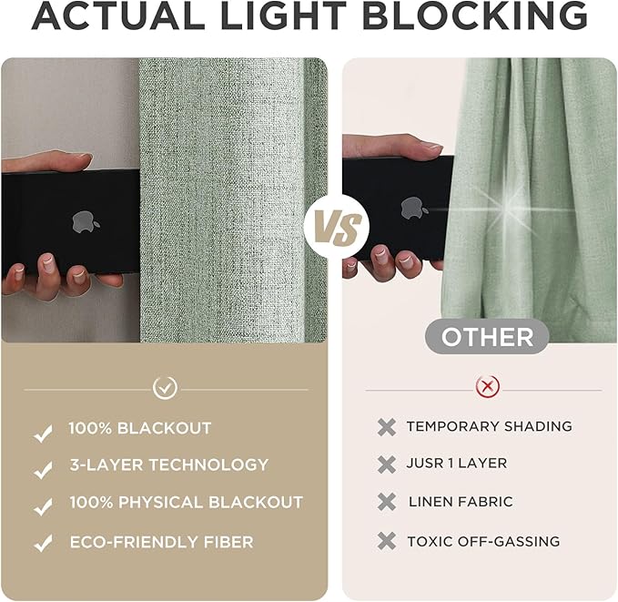 Joydeco Linen Blackout Curtains for Bedroom - 100% Light Blocking 1 Panels, Sage Green Drapes 70" W x 90" L, Thermal Insulated Room Darkening Curtains for Living Room, Rod Pocket & Back Tabs