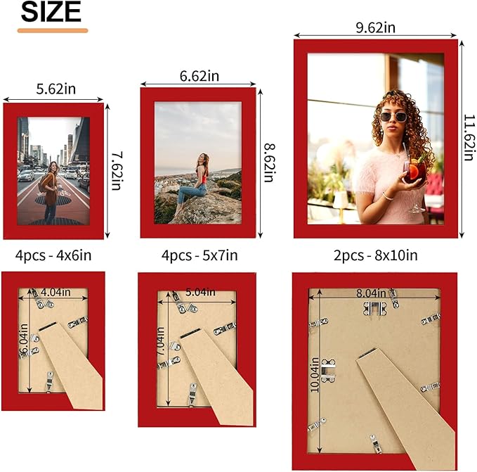 iRahmen Collage Picture Frames Set of 10, Wall Decor for Mounting or Tabletop Display, Family Photo Gallery Frame Set - Multi Sizes Including Two 8x10, Four 5x7, Four 4x6, HD Glass, Wooden, Christmas Red