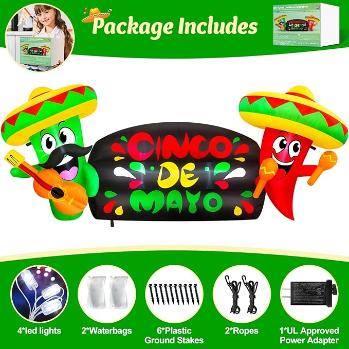 8FT Long Cinco de Mayo Inflatable Outdoor Decoration Blow Up Cactus Holding Guitar and Chili Holding Makara with Taco Sombrero, May 5 Mexican Fiesta Decor Built-in LEDs for Yard, Party, Holiday