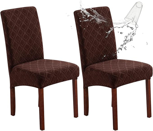 Genina Waterproof Chair Covers for Dining Room, Stretch Jacquard Dining Chair Slipcovers Removable Washable Chair Protector for Kitchen, Hotel, Restaurant (Jacquard-Chocolate, 2 PCS)