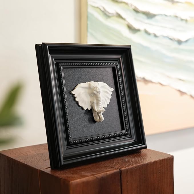 FOLKOR LIFE Animal Head Wall Sculpture Black and White Framed Art for Home Vintage Decor, Classic Elephant Head Statue Hanging Wall Plaque for Modern, Farmhouse, Living Room, Bedroom Decoration