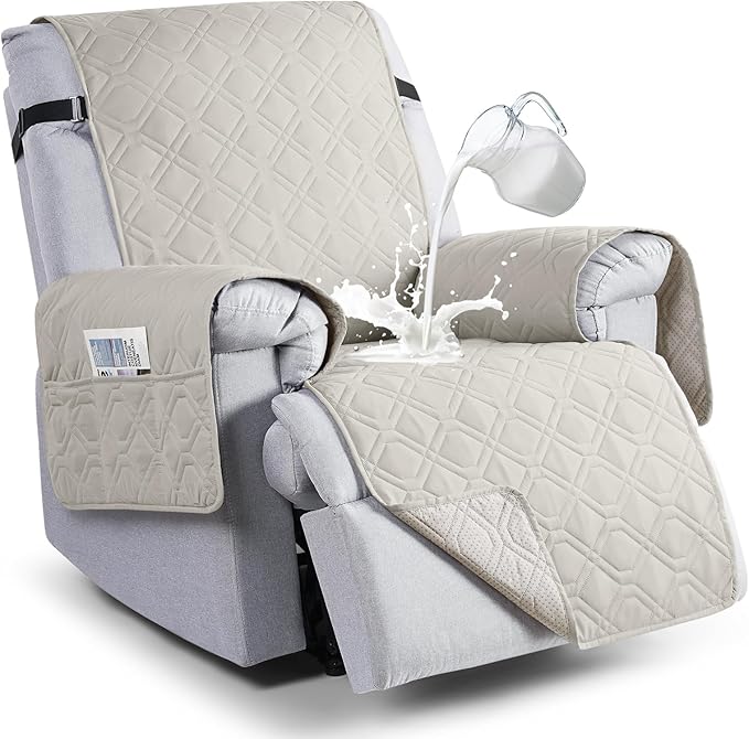 VANSOFY 100% Waterproof Recliner Chair Covers, Recliner Cover Non-Slip Dog Chair Cover Furniture Protector Washable Slipcover with Pocket, Elastic Straps for Pets, Dogs(Beige, 23.6")