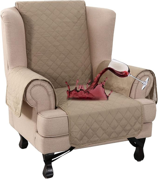 Turquoize 100% Waterproof Wing Chair Cover Wing Armchair Slipcovers Chair Couch Protector Triple Non-Slip Sofa Slipcover for Wing Chair Furniture Protector for Pets, Kids,Dog (Wing Chair, Khaki)