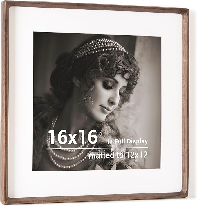 16x16 Picture Frame, USA-Sourced Walnut Wood Photo Frame with HD Tempered Glass, Handcrafted Rounded Corner 16 x 16 Wooden Frame Matted to 12x12 Photos, 16x16 frame, Tabletop or Wall Display