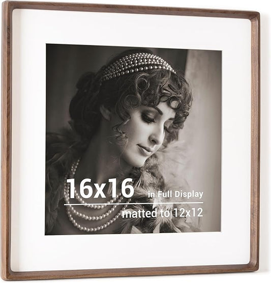 16x16 Picture Frame, USA-Sourced Walnut Wood Photo Frame with HD Tempered Glass, Handcrafted Rounded Corner 16 x 16 Wooden Frame Matted to 12x12 Photos, 16x16 frame, Tabletop or Wall Display