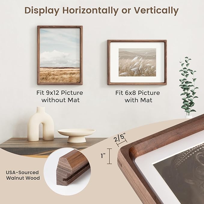 Fun Memories 9x12 Picture Frame, USA-Sourced Walnut Wood Photo Frames with HD Tempered Glass, Handcrafted Rounded Corner 9 x 12 Wooden Frames Matted to 6x8 Photos, 9x12 Frame, Tabletop or Wall Display