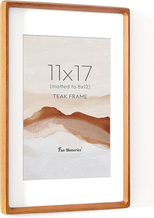 11x17 Picture Frame, USA-Sourced Teak Wood Photo Frames with HD Tempered Glass, Handcrafted Rounded Corner 11 x 17 Wooden Frame Matted to 8x12 Photos, 11x17 Frames, Tabletop or Wall Display