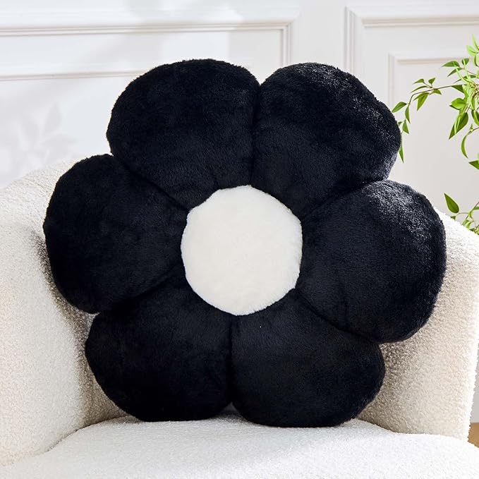 Kcvvcr Black Flower Pillow, Cute Decorative Flower Shaped Throw Pillow with Faux Rabbit Fur, 17.7" Soft Daisy Plush Floor Cushion Aesthetic Room Decor for Bed Sofa Couch
