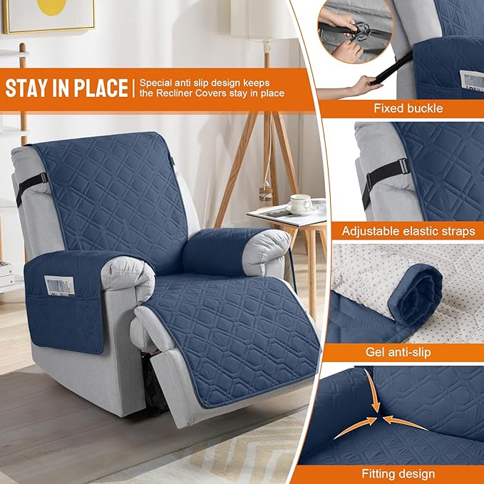 VANSOFY 100% Waterproof Recliner Chair Covers, Recliner Cover Non-Slip Dog Chair Cover Furniture Protector Washable Slipcover with Pocket, Elastic Straps for Pets, Dogs(Navy Blue, 25")