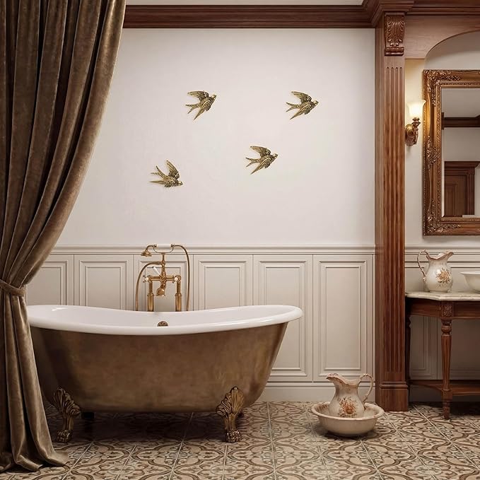 4 Pcs Vintage Bird Wall Sculpture Decor Art 4.7 Inch Antique 3D Sculpted Hanging Bird Resin Wall Art Golden Brass Floating Ornament for Living Room Garden Outdoor, Gifts for Couples Housewarming