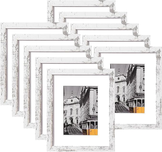 eletecpro 8x10 Picture Frames Set of 10, Picture Frame Collage Wall Decor Display 5x7 Photo with Mat or 8x10 without Mat, Home Decor Gallery Frame for Table Top or Wall Mounting, Distressed White