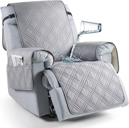 TAOCOCO 100% Waterproof Recliner Chair Cover with Double Straps, Oversized Recliner Covers for Large Recliner Chair, Non Slip Reclining Chair Cover for Kids, Pets(28'', Light Grey)