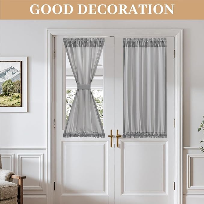 MIULEE Non-See-Through Sidelight Curtains for Front Door, Privacy Semi Sheer Curtains for French Doors, Light Filtering Window Drapes with Rod Pocket and Tie Back, Grey, 26 x 40 inches, 2 Panels