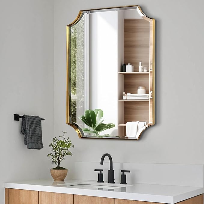 POZINO Rectangle Beveled Mirror, 24"x36" Brushed Gold Bathroom Vanity Mirror with Stainless Steel Frame, Aesthetic Wall Mirrors for Living Room Bedroom Hallway Entryway, Horizontal or Vertical Hanging